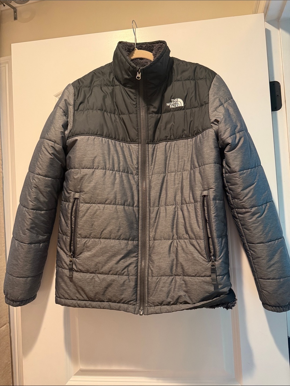 The North Face Reversible Kids Gray and Black Quilted Puffer Jacket